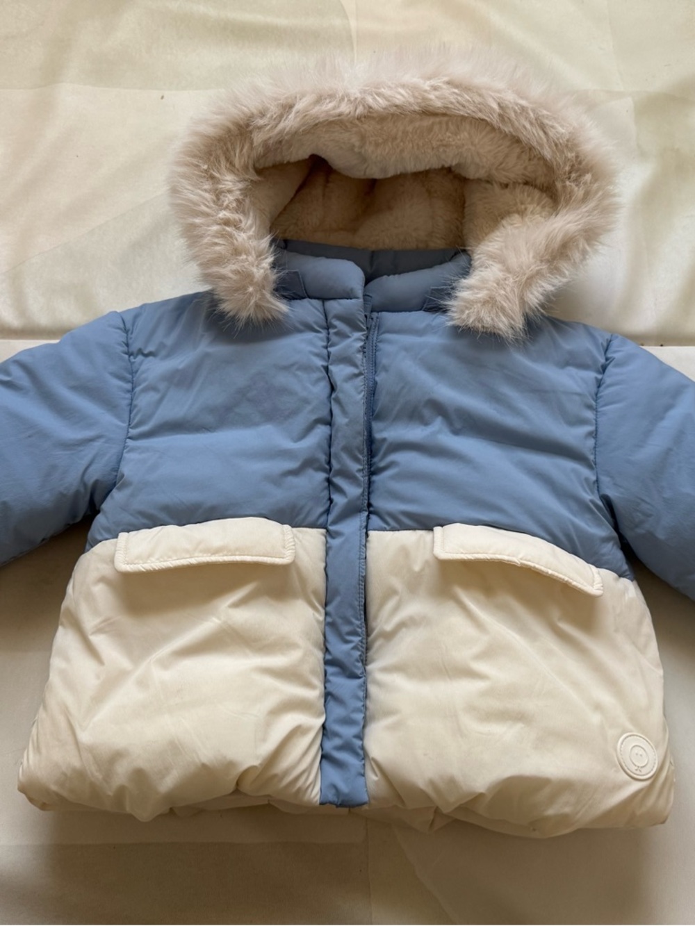 Toddler Two-Tone Puffer Jacket with Faux-Fur Hood - Blue & Cream - like NEW